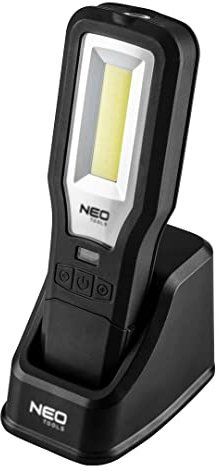 NEO TOOLS Werkstattlampe 550 lm COB LED + Basis + Ladegerät, 550 lm Lichtleistung, Taschenlampe mit 150 lm, Rotlichtfunktion und ein um 360 Grad, 3,7-V-Lithium-Ionen-Akku mit 2000 mAh