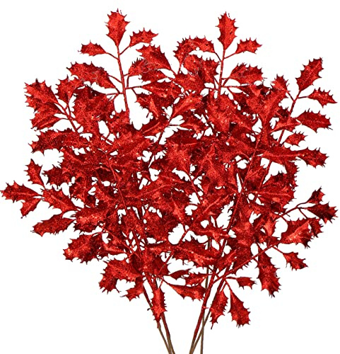 Briful 6pcs Red Leaf Artificial Holly Leaves 23 Christmas Glitter Leaves Stem for Xmas Tree Decorations Fake Leaf Artificial Stem for Flower Arrangment Home Decor
