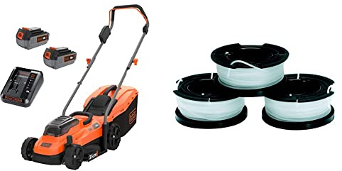 BLACK+DECKER Tondeuse 33 cm sans Fil, Tondeuse à Gazon Electrique 18V Livrée avec 2 Batteries 4 Ah, 5 Hauteurs Réglables de 25 à 65 mm & Lot de 3 Bobines de Rechange, 3 x 10 m de Fil, Fil de ⌀1,5 mm