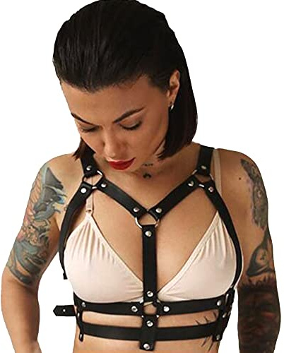 Wiwpar Punk Black Leather Chest Harness Body Waist Chain Belt Rave Nightclub Sexy Belly Bra Jewelry Accessory for Women Girls