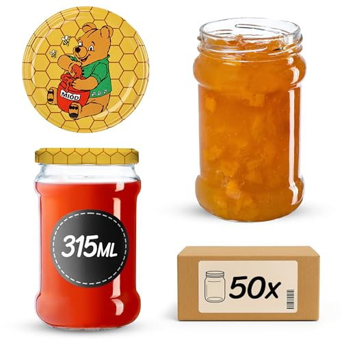 KADAX Lot de 50 pots à confiture avec couvercle - 315 ml - Fi66 - Pour miel - Avec couvercle - Verres hermétiques - Bocaux à confiture - Winnie l'ourson