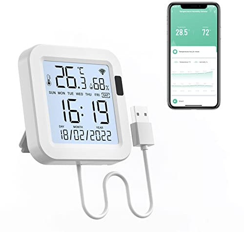 Termometro Igrometro Ambiente WiFi Interno, Tuya Termometro Digitale Sensore Temperatura con Schermo Retroilluminato Registrazione Dati, Termometro Casa Misuratore Umidità Ambiente (8cm*8cm)