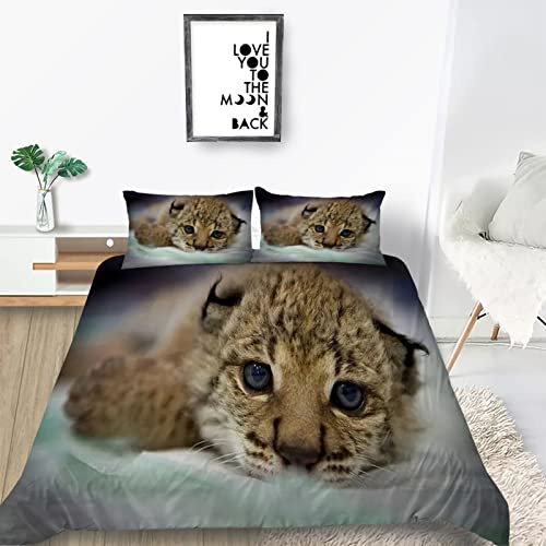 Parure de Lit 90x190 Enfant Lynx Animal Imprimé Sets de Parure Housse de Couette 1 Personne en Microfibre Breathable, 1 Linge de Lit avec Fermeture Éclair + 2 Taie d'oreiller 65x65