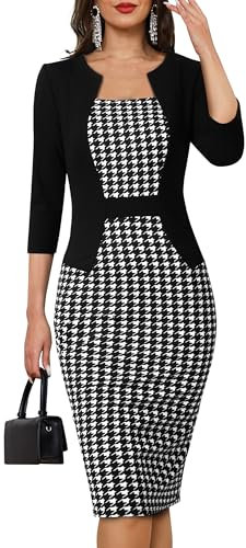 HOMEYEE Damen Vintage 3/4 Ärmel Farbblock Büro Bleistiftkleid Bodycon Split Business Cocktailkleid B784 (L, Hahnentritt)