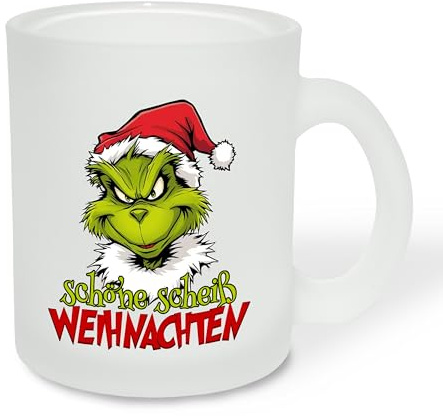 True Statements Geschenk für Glühwein-Fans: Glastasse „Schöne Scheiß Weihnachten“ mit Weihnachtsgrinch-Motiv - Geschenkidee zur Adventszeit | Weihnachtszeit - Glastasse satiniert, ca. 300ml
