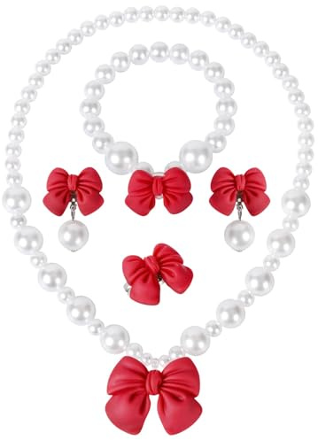 MAOSHYMS Juego de Joyas de Lazos Perlas para Niños, 5 Piezas Conjunto de Joyas con Collares Pulseras Anillos Pendientes de Clip, Set de joyería de princesa para Cumpleaños Fiesta Vestir Regalos