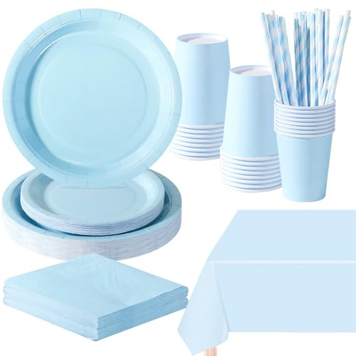 PYAILI Anniversaire Vaisselle de fete 121 Pièces Bleu Morandi Party Assiettes en Papier Set Assiettes de Fête Papier Tasses Serviettesr, pour Barbecue les Fêtes les Pique-niques -24 Invités