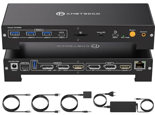 CMSTEDCD USB C KVM Docking Station für Laptop & Desktop 100W PD 4K60Hz HDMI Displayport KVM Switch 2 PC 3 Monitore 16-in-1, 1000Mbps Ethernet, 3xUSB 3.0, USB-C, 65W PD, SD Card Slot