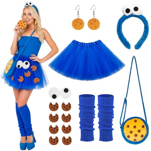 YYSWSAKY Costume de monstre pour femme - Serre-tête cookie - Collier en tulle - Bleu - Avec poche - Costume de monstre pour adulte - Accessoires de carnaval, Halloween, cosplay (bleu, général)