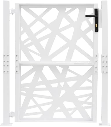 Låsbar trädgårdsgrind av metall, 105 x 125 cm, robust hoftor med säkerhetslås och 7 nycklar, 180° öppningsvinkel, väderbeständig – trädgårdsgrutt för trädgård, gård och uppfart (vit)