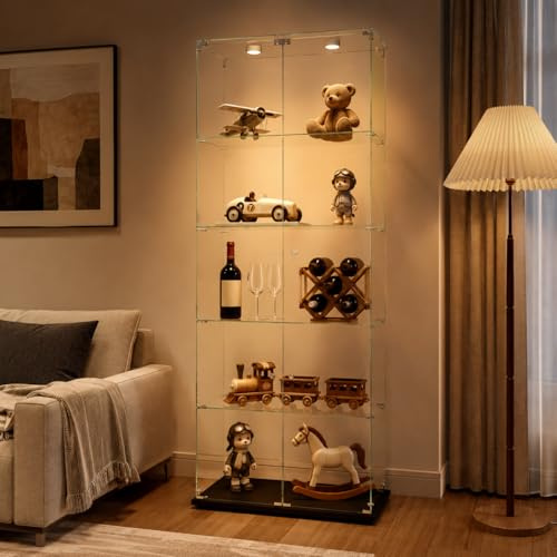 Glasvitrinskåp, stående LED-lampor, vitrinskåp i glas, 5 våningar, 2 dörrar, glasskåp, lämplig för vardagsrum, sovrum, kontor, barer och (svart, 5-steg, 2-dörrar LED-A)