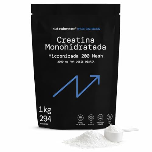Creatina Monohidratada en Polvo 1kg/294 Dosis - 200 MESH, 100% Monohidrato de Creatina Micronizada - Sin Sabor, Vegana, Sin Estearato de Magnesio, Cuchara Incluída - nutrabetter®