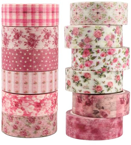 Exipsat 12 Rollen Rosa Rosen Washi Tape Set, Vintage Floral Masking Tape für Scrapbooking, Journaling, DIY Handwerk und Geschenkverpackung