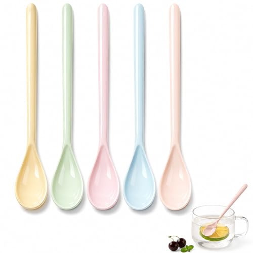 Plastic Spoons Reusable, 5 Pcs Long Handled Teaspoons for Mixing Latte Coffee Espresso Ice Cream Spoons Colorful for Sundae Dessert Jam Honey Spoons Cutlery Imitation Porcelain Tableware