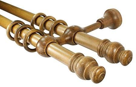 Gardinenstangen 2-läufig Holz Farbe Eiche rustikal mit 28 mm Durchmesser, 260 cm mittig geteilt
