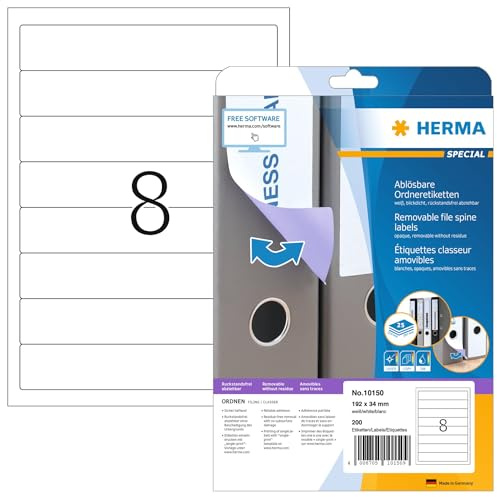 HERMA 10150 mappetiketter A4 avtagbart, kort/smal (192 x 34 mm, 25 ark, papper, matt) självhäftande, utskrivbara, avtagbara och återhäftande mappa ryggetiketter, 200 filetiketter, vit