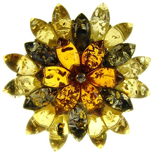 Baltic Amber And Sterling Silver 925 Designer Multi-Coloured Flower Leaf Brooch Pin