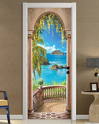 FLFK 3D Balcony Arch Seascape Door Stickers Self-Adhesive Door Murals Photo Wallpaper for Living Room Bedroom Decoration 30.3x78.7