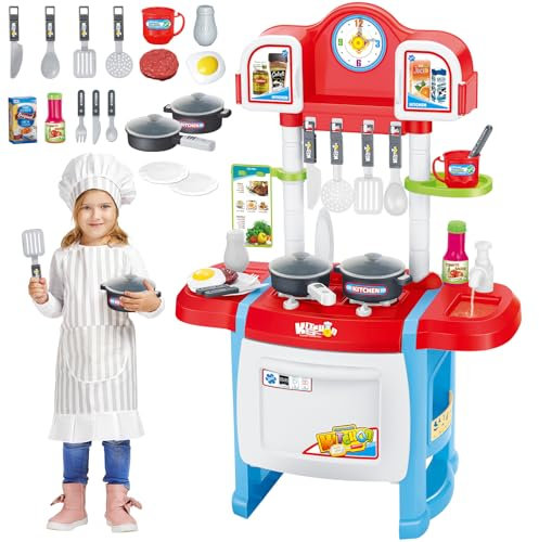 deAO My Little Chef - Juego de rol, en Miniatura, con Luz y Sonido, 18 Accesorios, Cocina Juguete con Estufa y Fregadero, Regalo para Niños y Niñas(Rojo)