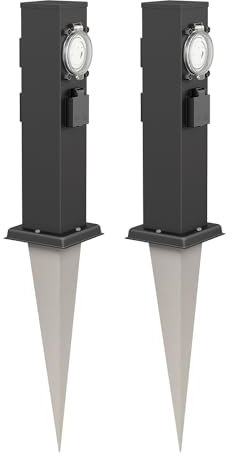 ledscom.de 2 Stück Garten-Steckdosen-Säule Polly mit Erdspieß für außen, IP44, 3-Fach mit Timer/Zeitschaltuhr, Edelstahl, eckig, schwarz, 38cm
