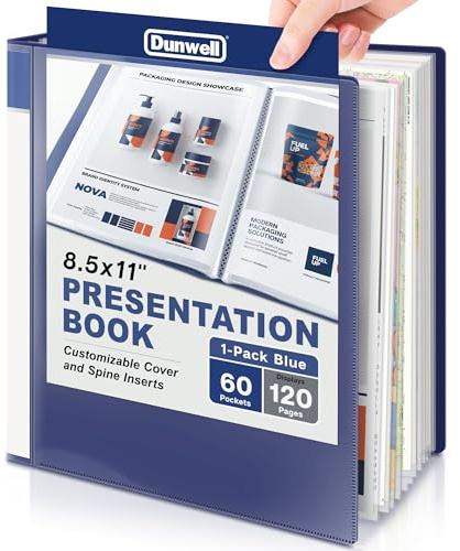 Dunwell Presentation Binder 60-Pocket, Displays 120 Pages, 8.5x11 Portfolio Binder with Plastic Sleeves, Storage and Organizer for Documents, Photos, Kids Artwork, Projects, Recipes (Blue)