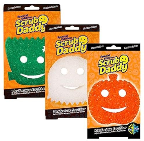 Scrub Daddy Halloween Kitchen Sponges, Dish Sponges for Washing Up, Texture Changing Washing Up Sponge, Non Scratch Dish Scrubber, Odour Resistant Bathroom Cleaning Products, Dishwasher Safe, 3 Pack