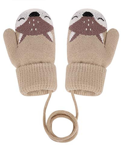 YSXY Süße Fäustlinge Baby Kleinkind Gestrickte Handschuhe für 1,2,3 Jahre Jungen Mädchen Winter Warme Strickhandschuhe mit schnur Fleece-Innenfutter (Beige-Fuchs)