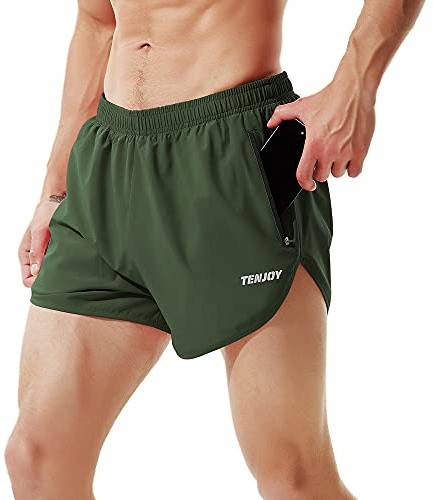 TENJOY Men's Running Shorts Gym Athletic Workout Shorts for Men 3 inch Sports Shorts with Zipper Pocket Green
