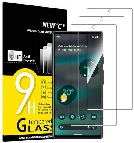 NEW'C 3 Piezas, Protector Pantalla para Google Pixel 6a (6,1 Pulgadas), Cristal templado Antiarañazos, Antihuellas, Sin Burbujas, Dureza 9H, 0.33 mm Ultra Transparente, Ultra Resistente