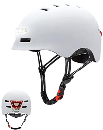 Casco de Ciclismo con Luz Trasera Roja + Luz LED Frontal Blanca. Casco de MTB, Bicicleta, Patinete. Casco Redondo Scooter con Forro Desmontable, Carcasa de PC + EPS, 14 Respiraderos y Cable USB.