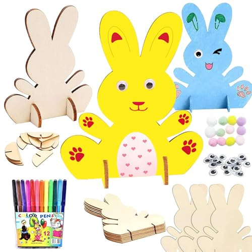 Osterhase Holz Bemalen, 10 Stück Hasen aus Holz zum Bemalen, DIY Osterhase Deko, DIY Bastelzubehör für Kinder Bastelset, Mit 12 farbigen Stiften und 12 Stück Bunte Mini Pompons + 22 Kulleraugen