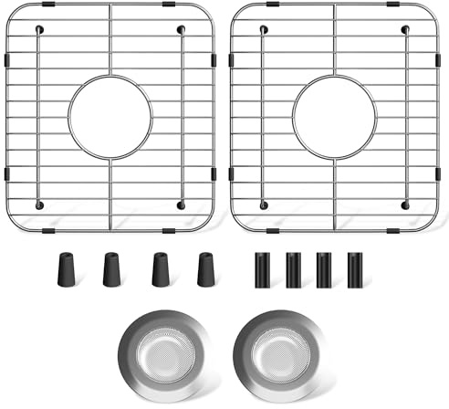 jkxoo 4Pack Sink Protectors for Kitchen Sink 13.1’’x11.6’’x1’’, 304 Stainless Steel for Kitchen Sink Grate With Center Drain, Sink Grate Sink Rack for Bottom of Sink with 2Pack Sink Strainers