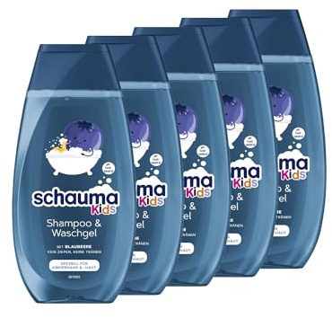 Schauma Schwarzkopf Kids schampo & tvättgel blåbär (5 x 250 ml), barnschampo reder ut håret för enklare kambarhet, med mild och fräsch doft