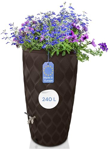 YourCasa Regentonne 240 Liter [Seabreeze] Regenfass Frostsicher aus Kunststoff - Regenwassertonne - Wasserfass Regenwassertank Wassertonne für Garten - Regentonne schmal (Braun Ohne Wasserhahn)