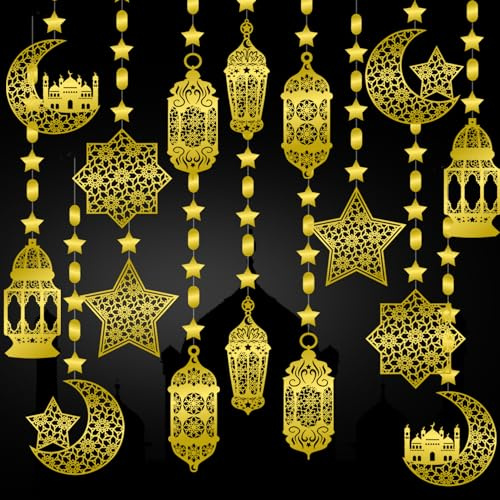 Ramadan Deko Eid Girlande Dekoration, 16 Stück Ramadan Mubarak Banner Gold Stern Mond Ramadan Dekorationen, EID Mubarak Deko für Eid Festival Party Dekoration, Ramadan Kareem Dekoration