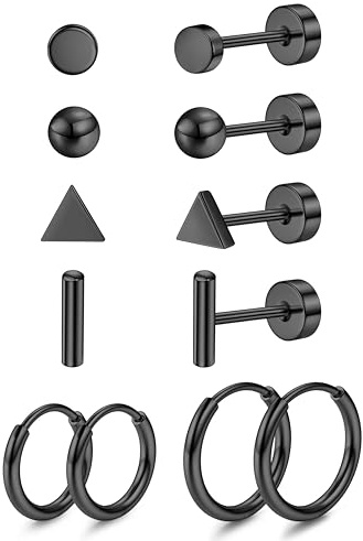 JeweBella 6Paar G23 Titan Ohrringe - Damen, Herren, Kinder - Medizinische Ohrstecker - Hypoallergen - Klein - Titan Creolen - Gesundheitsstecker - Ohrringe Set - Piercing Ohr - Silber/Gold/Schwarz