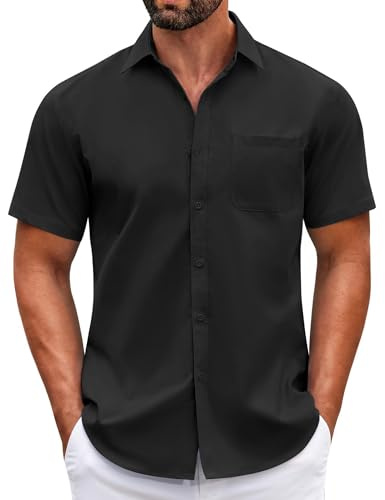 COOFANDY Men's Button Up Shirts Men Short Sleeve Business Casual Dress Shirts for Men Black