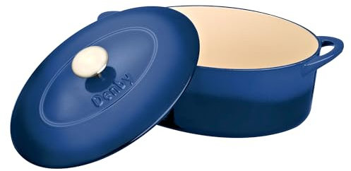Denby - Cast Iron Casserole Dish with Lid - Cobalt Blue - 4.25L Capacity - Non-Stick - Ovenproof - Easy Grip Handles - For Braising, Stews, Roasting, Batch Cooking - 28cm x 21cm x 17cm
