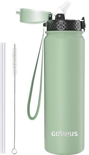 GOPPUS 1L/32oz Thermosflasche mit Strohhalm Doppelschicht Edelstahl Trinkflasche 1 Liter Isolierflasche Auslaufsicher Sport Wasserflasche Kohlensäure Water Bottle Trinkflaschen BPA-frei Wasser Flasche