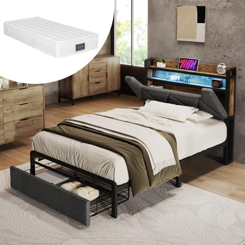 Skcess Polsterbett Mit USB Typ C Ladefunktion Stauraum-Kopfteil Und Led-Beleuchtung Und Schubladen, Einzelbett 90 X 200 Stauraumbetten, Grau(Mit Matratze)