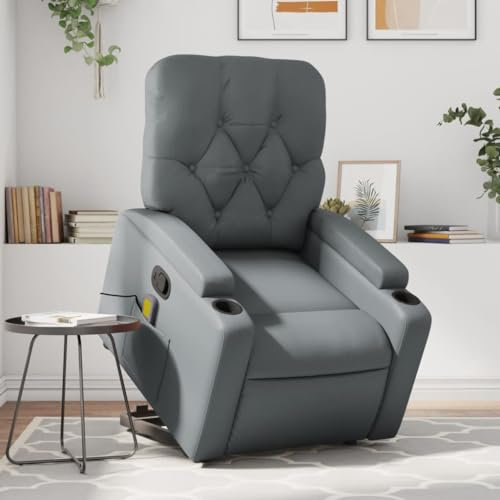 Homgoday Massagesessel mit Aufstehhilfe, Aufstehsessel, Relaxsessel mit Liegefunktion, Ruhesessel, Fernsehsessel, Liegesessel, TV Sessel für Wohnzimmer Grau Kunstleder
