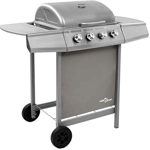 IKAYAA Barbacoa a Gas con 4 Quemadores de Acero Inoxidable, Portátil con Termómetro, Ruedas y 2 Mesitas Auxiliares - Plateado