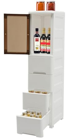 Tyvotrend Badrumsskåp, badrumsskåp, högskåp i 5 nivåer med 4 lådor, 1 fack, 4 skotrar, förvaringsenheter för badrum, vardagsrum, kök, vitt, 25 x 38 x 107 cm