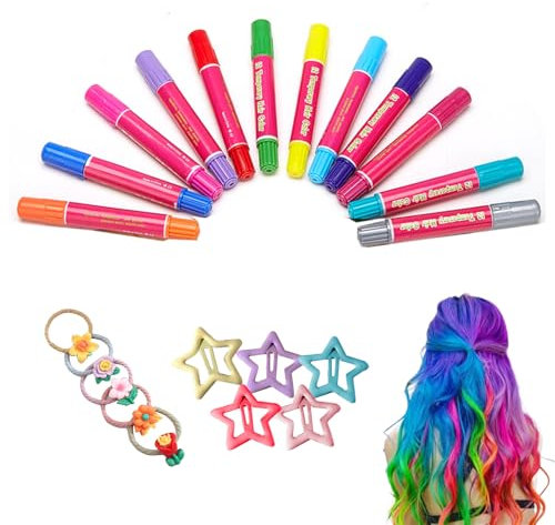 Liuer Temporanea Gesso, 12 Colori Temporanei Gesso Capelli Temporanea Non Tossici Lavabili,avec 5 pinces à cheveux et 5 élastiques à cheveux per Trucco di Halloween, Party, Carnevale, Natale e DIY