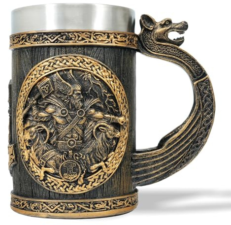 AtSKnSK Viking Beer Mug - 304 Stainless Steel Beer Stein, 0.6 Liter/21 oz Resin Carving Metal Cup, Norse Mythological Designs, Birthday Viking Beer Gifts for Men (Thor)