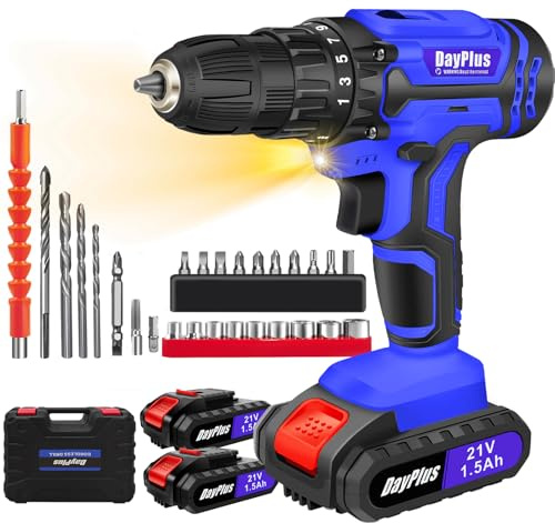Perceuse-visseuse sans fil 21V, 26 mèches, 2 batteries 1500mAh, 25+1 réglages de couple, 45N.m Max, 2 vitesses variables, éclairage LED pour les projets de bricolage à la maison (Bleu)