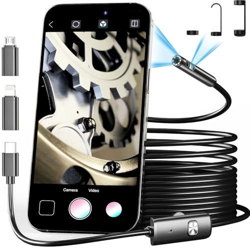 Dual Lens Endoscope Inspection Camera, 1920P Borescope with 8 Adjustable LED Lights, 16.5 Ft Semi-Rigid Cable Snake Camera, IP67 Waterproof Endoscope for Android, iPhone, Samsung (5m)