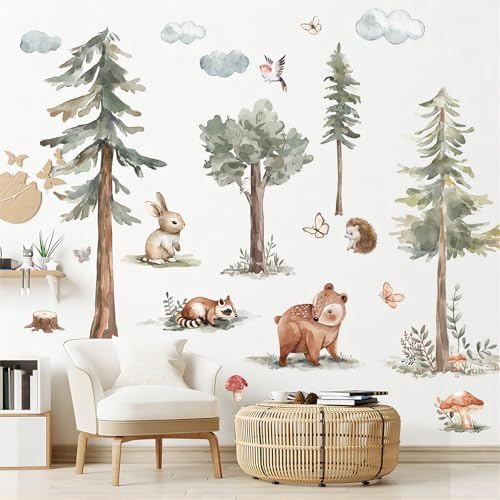 Wandtattoo Baum TACHIO Große Kiefer Wandaufkleber Waldtiere Bär Wandsticker Kinderzimmer Babyzimmer Spielzimmer Wanddeko 4 Stücke