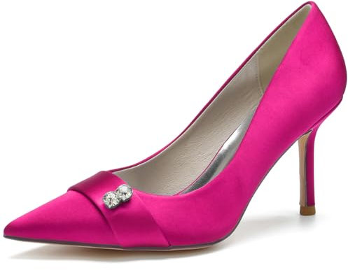 Femmes Strass Chaussures Mariage Fermé Bout Pointu Sandales Talons Hauts Chaussures Habillées Satin Glisser sur Bridal Demoiselle d'honneur Escarpins,Fuchsia,41 EU