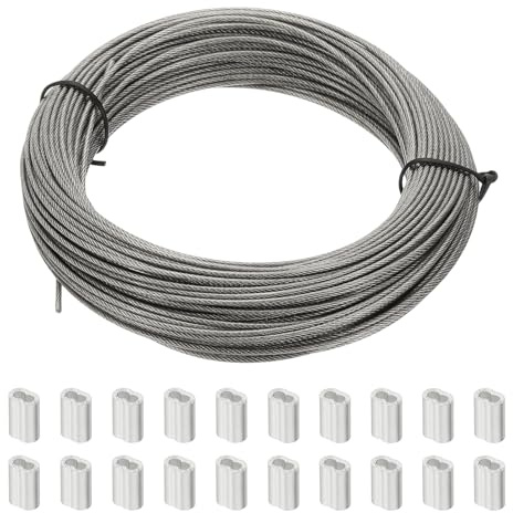 PATIKIL 98.4Ft 304 Stainless Steel Cable Kit, 1/16 Plastic Coated Wire Rope 7x7 Strand Core with 50 Pcs Aluminum Sleeves for Clothes Line Handrail (30M x 1.5 Mm)